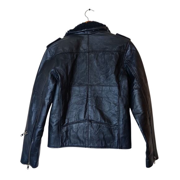Deadwood Avery Recycled Leather Black Motorcycle Biker Jacket Fur Collar 38 XS/S - Picture 4 of 16